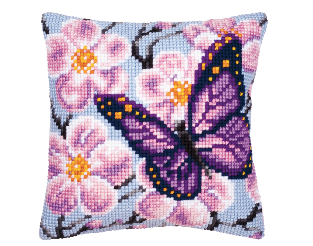 Kruissteekkussen kit paarse vlinder